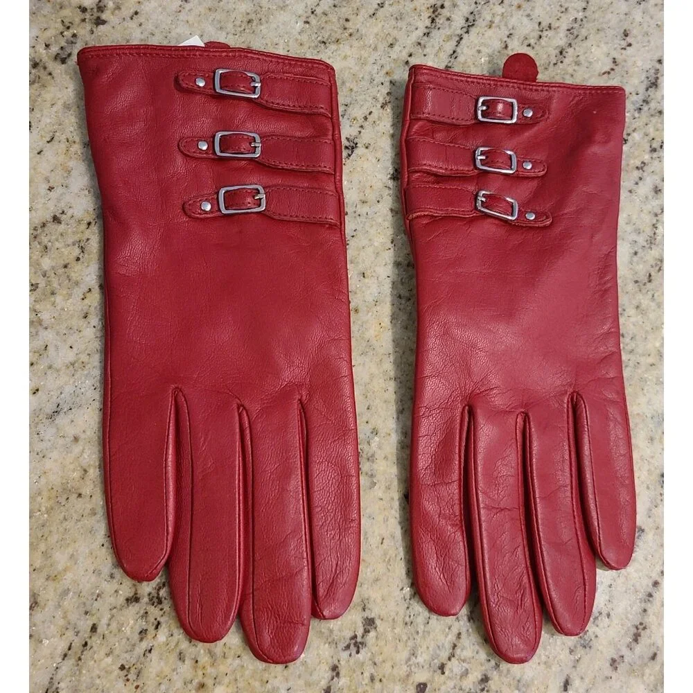 Merona Womens Size S/M Red Leather Lined Winter Gloves 3 Buckle Accent